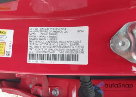 2024 Honda Civic Sport из США, поврежденный, VIN 19XFL2H85RE034687